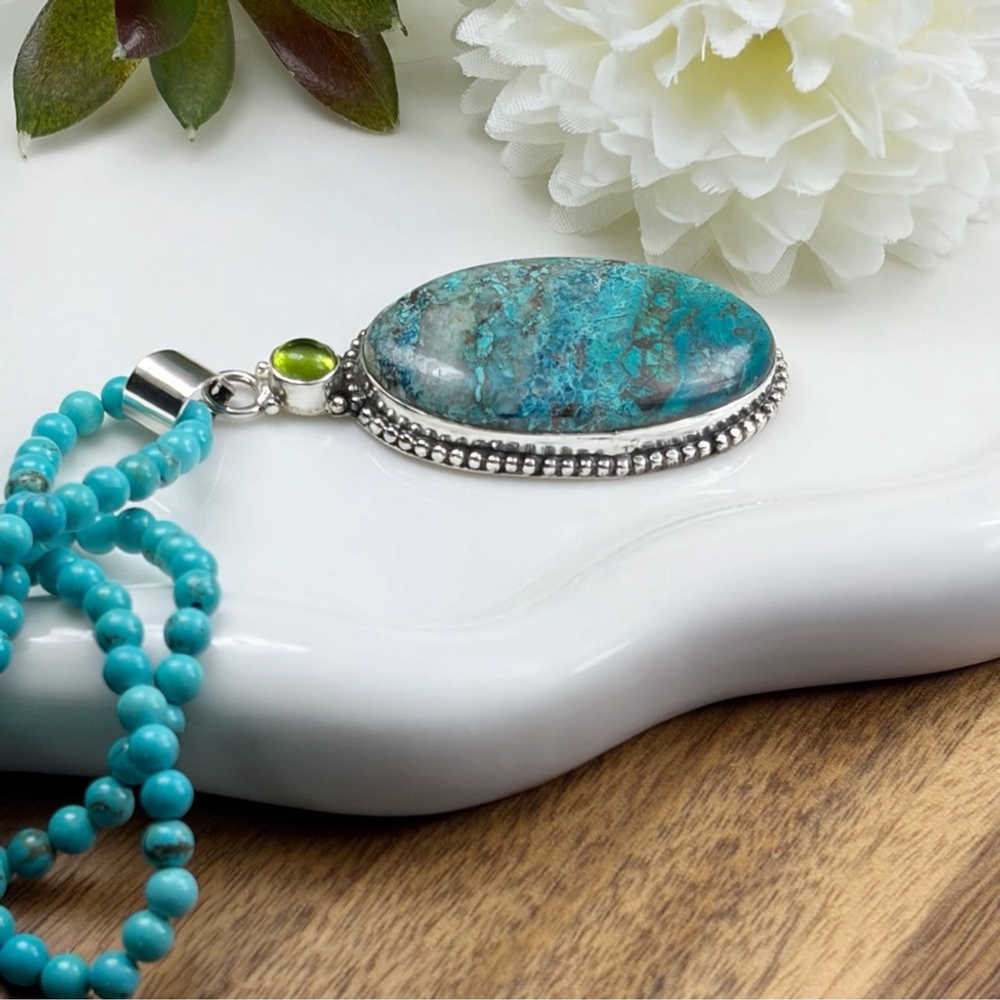 Peridot and Chrysocolla Long Pendant Jewelry Set Lot Turquoise Necklace 925 - Picture 4 of 9